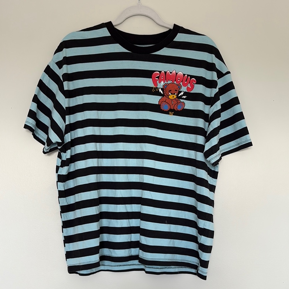 Bershka Black and Blue Short Sleeve Oversized Tee with Stripes